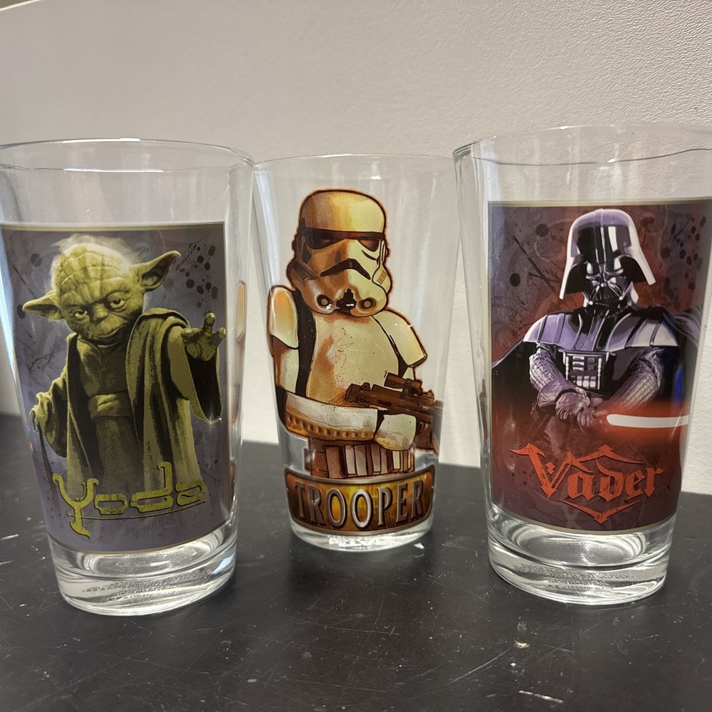 2013 Lucasfilm Vandor Star Wars Set Of 3 Glasses‎ - Yoda, Vader, Trooper 6 Inch